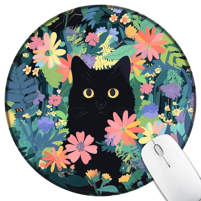 Hancynir Floral Black Cat Mouse Pad for Desk, Small Cute Mousepad with Non-Slip Base, Round Travel Mouse Pads for Wireless Mouse Laptop, Computer Mouse Mat for Gaming Home Office Desk Accessories - Image 1